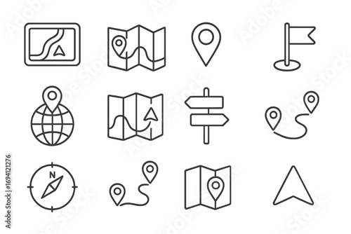 Navigation line icon set. GPS, map, and location symbols. Vector outline icons for travel, direction, route, destination, compass, pin, pointer, pathfinder, guide.