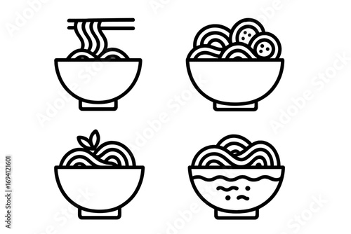 Ramen noodle soup outline icon set. Asian cuisine with bowl and chopsticks illustration in a simple line style. Vector food concept for Chinese, Japanese restaurant menu.
