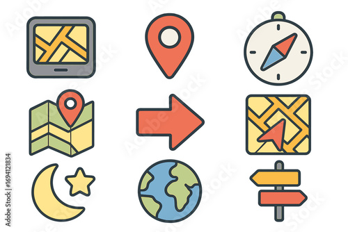 Navigation and map flat icon set. Gps, location, compass, and direction icons. Vector collection for travel, route finding, and geography. Pin, marker, and arrow signs.