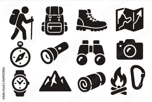 Outdoor adventure icon set. Hiking and camping gear silhouettes. Vector collection of travel and survival equipment including backpack, map, compass, boot, and campfire.
