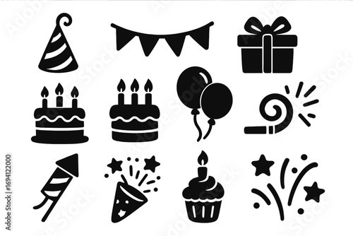 Party celebration icon set. Festive birthday elements in black silhouette style. Vector illustration includes cake, gift, balloons, fireworks, confetti and party hat icons.