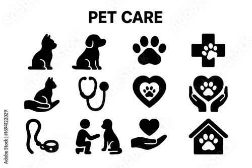 Pet care silhouette icon set. Animal, veterinary, adoption, shelter, rescue icons. Dog, cat, paw, heart, stethoscope symbols. Vet clinic, charity, animal welfare concept.