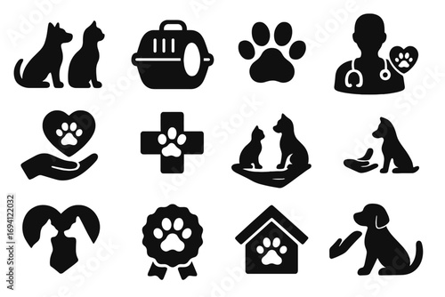 Pet care icon set. Vector silhouettes for animal care concepts. Veterinary, adoption, shelter, rescue, charity, and pet shop symbols. Dog, cat, paw, and vet clinic elements.