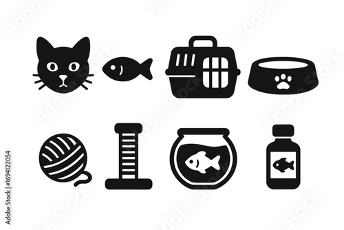 Pet supplies icons silhouette set. Essential items for cats and fish. Vector cartoon illustration collection. Pet care, accessories and equipment for domestic animals. Cat, food, fishbowl.