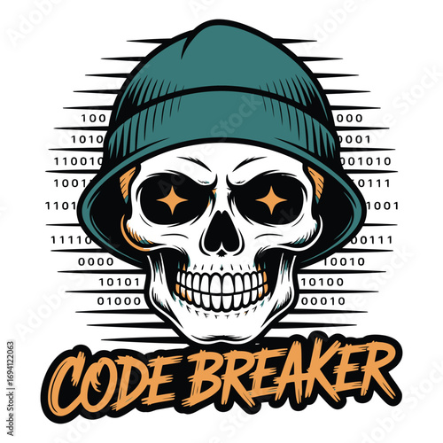 Vector illustration of a skull wearing a beanie, styled like a hacker or code breaker, perfect for t-shirts, logos, and digital designs.