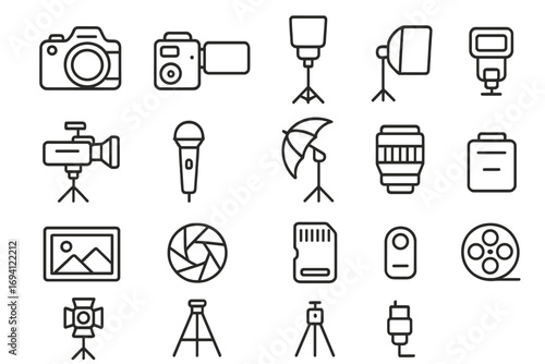 Photography & video production line icon set. Film equipment, photo studio gear, and filmmaking tools outline collection. Vector symbols for camera, lighting, sound, & vlogging.