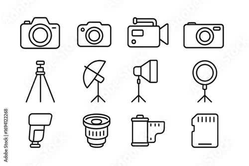 Photography equipment line icon set. Professional photo and video gear collection. Vector outline symbols for camera, lens, tripod, flash, studio lighting, film, and memory card.