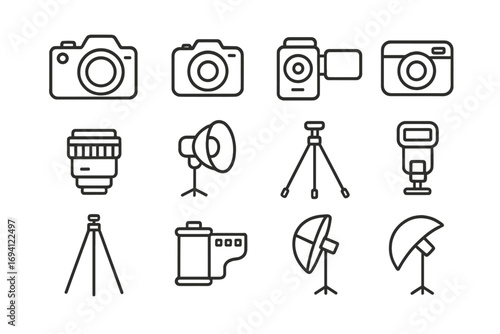 Photography equipment line icon set. Camera, lens, tripod, flash, and studio light symbols. Professional photographer and videography gear outline vector illustration collection.