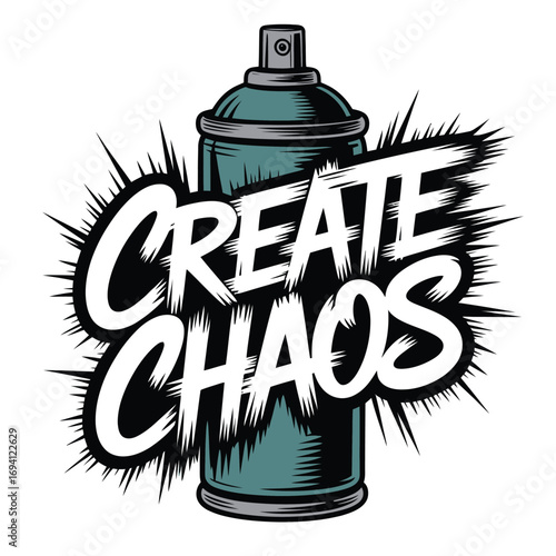 Vector illustration of a spray paint can with "Create Chaos" text, perfect for t-shirt designs, posters, and urban art projects.