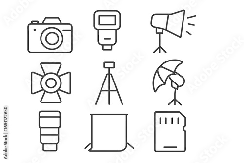 Photography equipment outline icon set. Professional photo studio tool collection. Vector linear icons of camera, flash, lens, tripod, softbox, umbrella, memory card.
