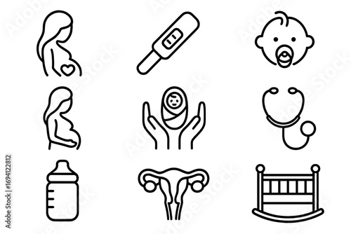 Pregnancy and maternity outline icon set. Health and baby care symbols. Newborn, test, uterus, crib, bottle. Vector line collection for gynecology and obstetrics concepts.