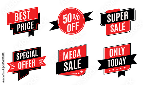 Sale badges vector set, discount promo labels, special offer stickers, ecommerce marketing tags and shopping banners