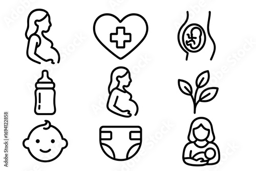 Pregnancy and maternity line icon set. Motherhood and newborn baby care outline icons. Health, wellness, parenting concepts. Pregnant woman, fetus, diaper, bottle vector signs.