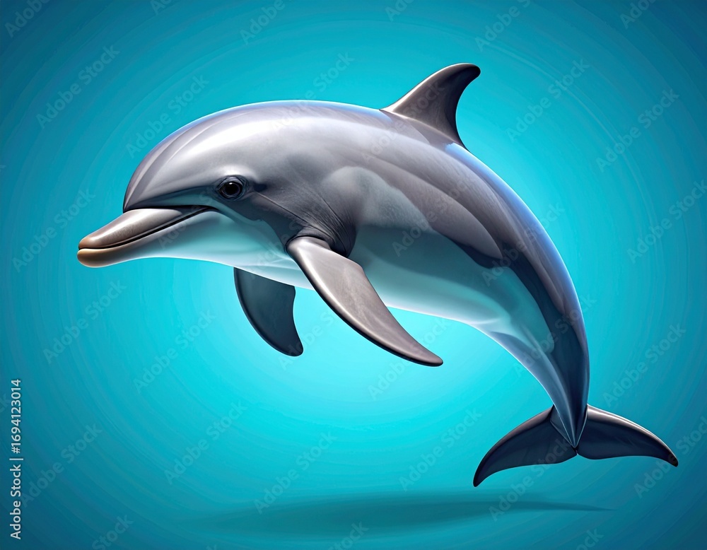 Fototapeta premium A sleek, grey dolphin leaps gracefully against a vibrant turquoise background, showcasing its streamlined form and playful nature.