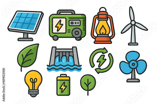 Renewable energy vector icon set. Green power concept with solar panel, wind turbine, hydroelectric dam. Cartoon illustration of sustainable electricity sources and symbols.