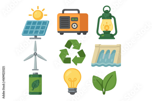 Green energy vector icons collection. Solar power, wind turbine, hydroelectric dam, battery, and generator. Sustainable electricity and ecology concepts. Flat cartoon illustration.