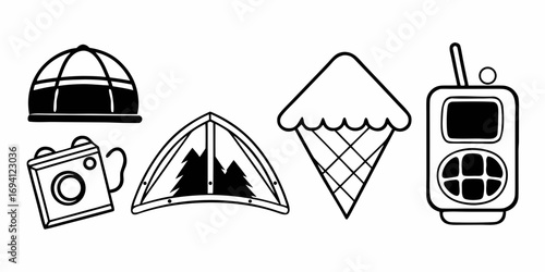 Illustration of a hat, camera, tent with trees, ice cream cone, and a walkie talkie in black and white