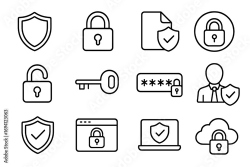 Security and data protection line icon set. Vector outline icons for cyber safety, privacy, and encryption. Includes shield, lock, password, key, cloud, and computer symbols.