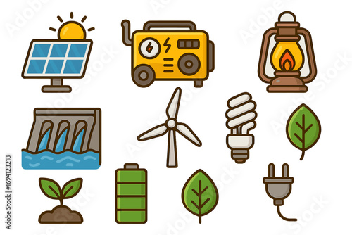 Renewable energy icon set with solar panel, wind turbine, and hydro power. Green electricity and sustainability concepts. Vector cartoon collection of power generation items.