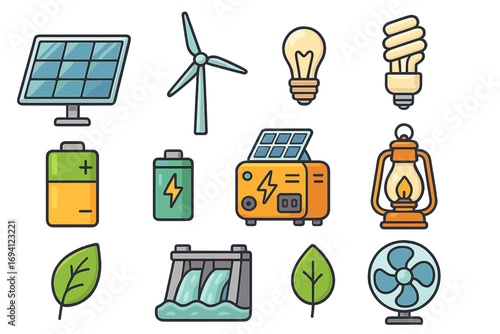 Renewable energy icons. Set of green power sources like solar panel, wind turbine, battery, and hydroelectric dam. Sustainable electricity vector cartoon illustration concept.