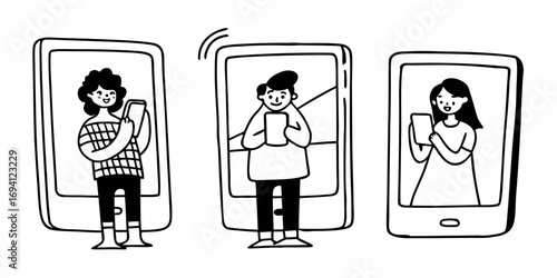 Three people inside phones using their own phones in a black and white doodle style illustration