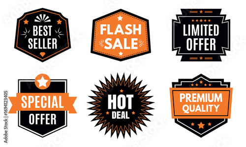 Flash sale badges vector, hot deal icons, premium quality labels pack