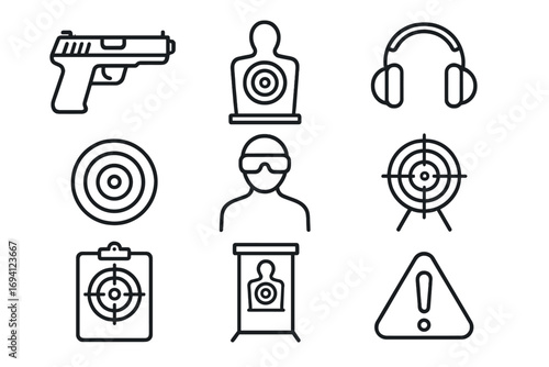 Shooting range line icon set for target practice. Firearm, gun, pistol and safety equipment vector collection. Gun range, bullseye, aim, shooting gallery and weapon outline icons.