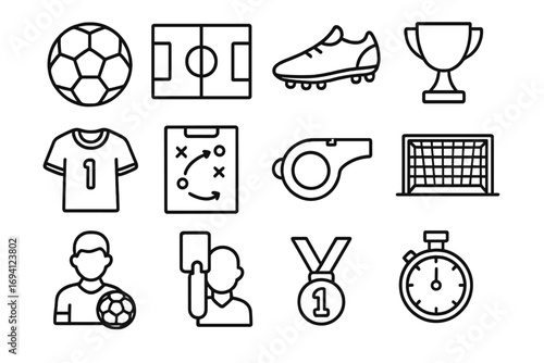 Soccer line icon set. Football sports symbols collection. Outline vector icons for game, match, and championship. Includes ball, field, goal, trophy, player, and referee elements.