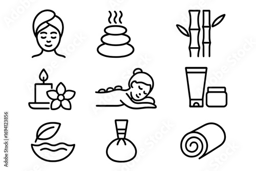 Spa and wellness linear icon set. Beauty care, relaxation and therapy outline symbols. Hot stone massage, facial treatment, aromatherapy, cosmetics, bamboo, herbal compress icons.