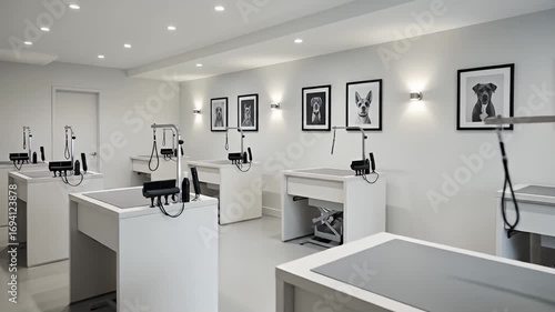 Wallpaper Mural Bright, minimalist dog grooming room with white tables, black equipment, and canine portraits Torontodigital.ca