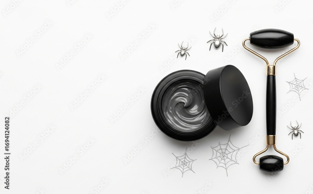 Fototapeta premium Flatlay Skincare Container Mockup With Facial Roller Halloween Style (Item1)
