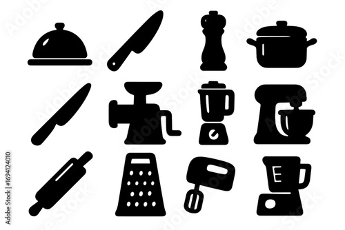 Kitchen tools icon set. Cooking utensils and appliance silhouettes. Vector graphic collection for food processing. Includes mixer, blender, grater, knife, pot, rolling pin.