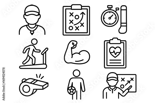 Sports coaching and fitness training line icon set. Vector collection of outline icons for gym, exercise, health, workout strategy, game plan, tactics, and athlete.