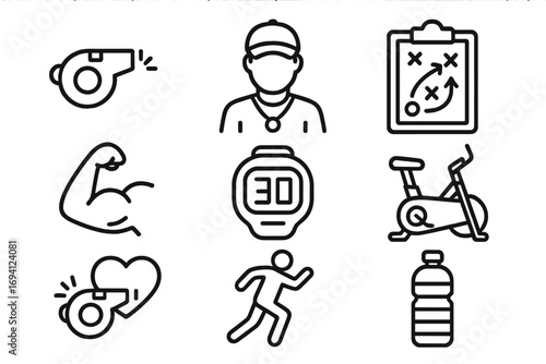 Sports coaching line icon set. Fitness, exercise, health, and strategy outline icons. Vector collection for gym, workout, and athletic training concepts. Runner, bike, coach.