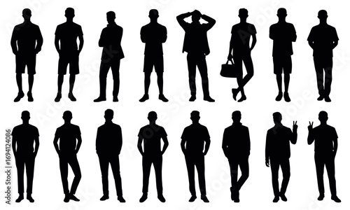 Male figure silhouettes, fashion poses, black profile icons for design and modeling