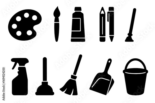 Art and cleaning supplies silhouette icon set. Vector collection of creative hobby tools and household chore items. Painter palette, brush, broom, bucket graphic elements.