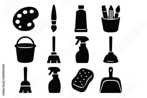 Art supplies versus cleaning tools silhouette icon set. Vector collection comparing creative hobby and household chores. Paint, brush, palette, broom, sponge icons.