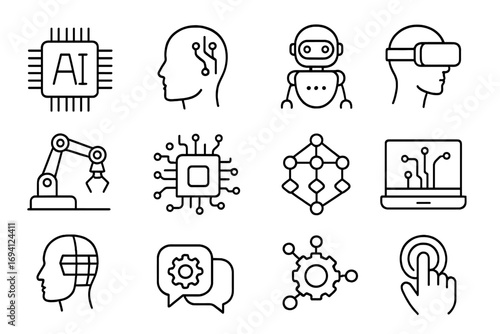 AI technology linear icon set. Artificial intelligence, machine learning, robotics, VR concepts. Microchip, neural network, chatbot, cyborg head. Future tech outline vector icons.