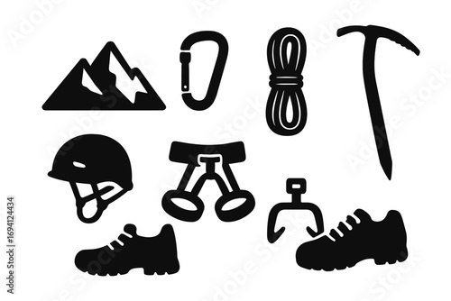 Mountain climbing gear icon set. Silhouette vector illustration of outdoor adventure equipment like rope, carabiner, ice axe, helmet for hiking and alpinism enthusiasts.
