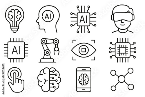AI icon set. Artificial intelligence, machine learning, robotics, and innovation line icons. Technology concept, virtual reality, neural network, automation vector symbols.