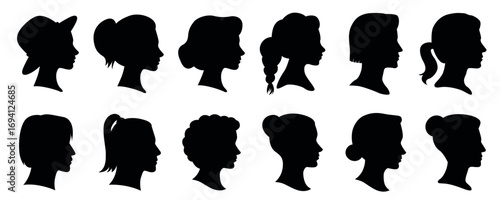 Female head silhouettes, hairstyle profile icons, women cameo silhouette set