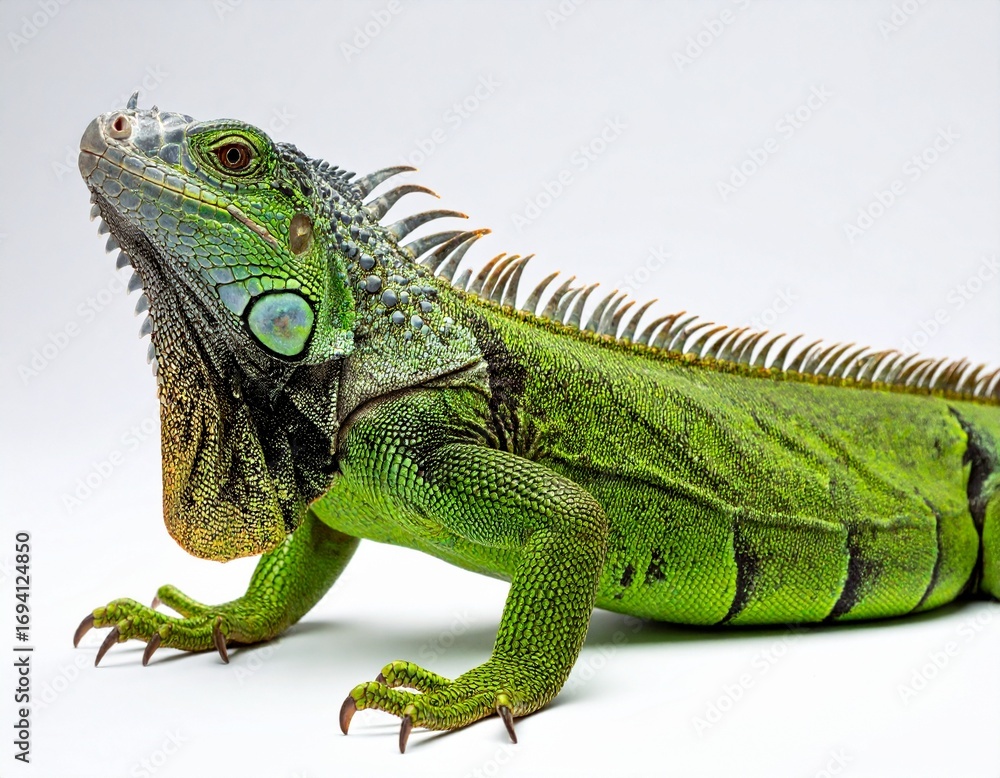 Fototapeta premium Vibrant Green Iguana Reptile Isolated on White