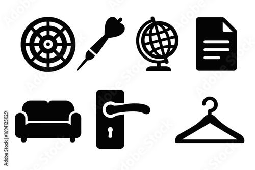 Simple black silhouette icon set of various household and office objects. Vector glyph collection with dartboard, globe, document, sofa, door handle and clothes hanger.