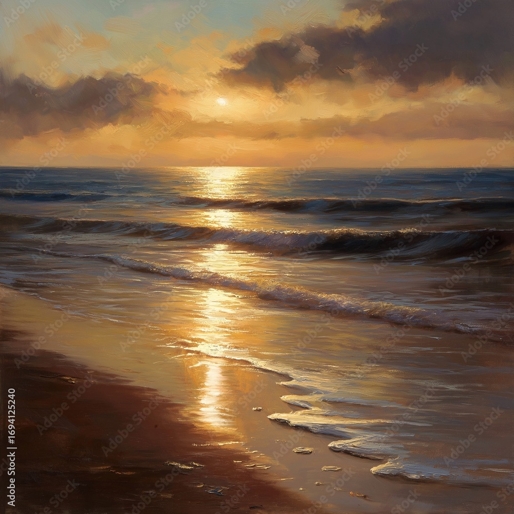 Obraz premium Beautiful seascape with sunset light reflecting on the waves and sandy beach, painted in warm golden tones.