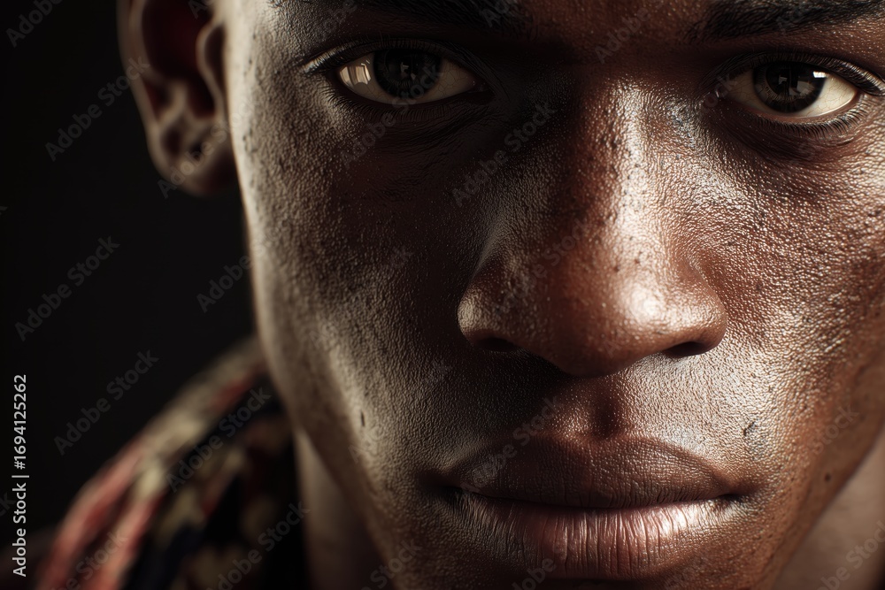 Obraz premium A young man with dark skin, generative ai illustration. Close-up portrait showing detailed facial features, scars, pores, and intense expression.