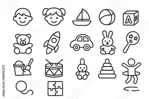 Toy and childhood line icon set. Playful kids games outline collection. Vector symbols for babies and children. Includes bear, rocket, car, ball, puzzle, drum, and boat.