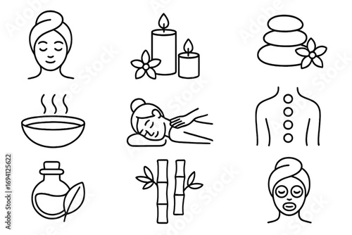 Spa and wellness linear icon set. Beauty care, relaxation, therapy symbols. Vector outline collection for massage, facial mask, hot stones, aromatherapy oil, and zen bamboo.