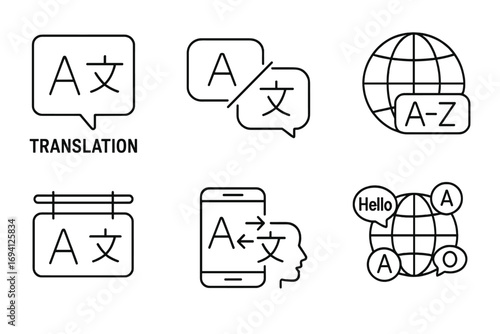 Translation and language line icon set. Multilingual communication, dictionary, and interpreter symbols. Global language learning app and web vector outline icons collection.