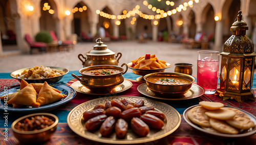 A lavish spread of traditional middle eastern and arabic food served outdoors at dusk with decorative lanterns and string lights creating a festive atmosphere for a celebration or gathering