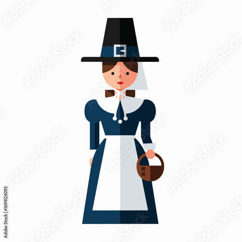 Historical American Colonial Woman Wearing Traditional Pilgrim Clothing holding a Basket